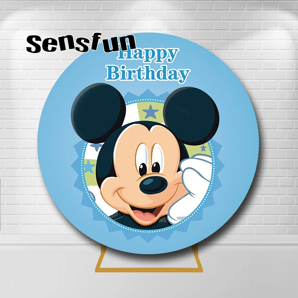 

Disney Blue Mickey Mouse Round Backdrop Cover For Boys Newborn 1st Birthday Party Circle Photography Background Elastic