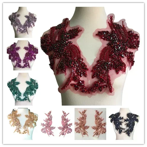 1Pair Multi-color Hand-sewn Glass Drill Mirror Flowers Sparkling Rhinestone Waistbands Shoulders Wedding Dress DIY Patch RS4075