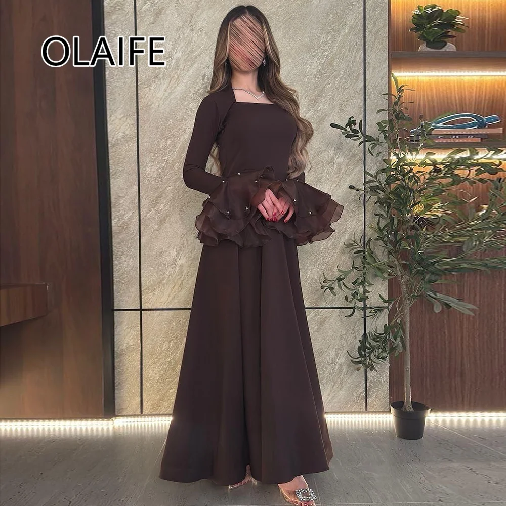 

Bridal Saudi Gowns Long Pearls Sleeve Square Collar Satin Sheath Floor Length Evening Gown فساتين سهرة with Customized