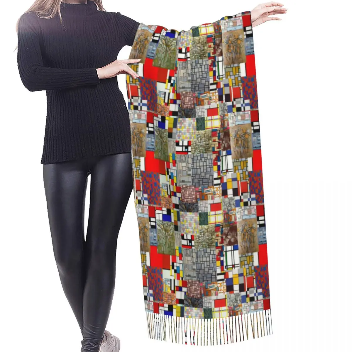 Piet Mondrian De Stijl Abstract Art Scarf Wrap Women Long Winter Warm Tassel Shawl Unisex Fashion Versatile Scarves