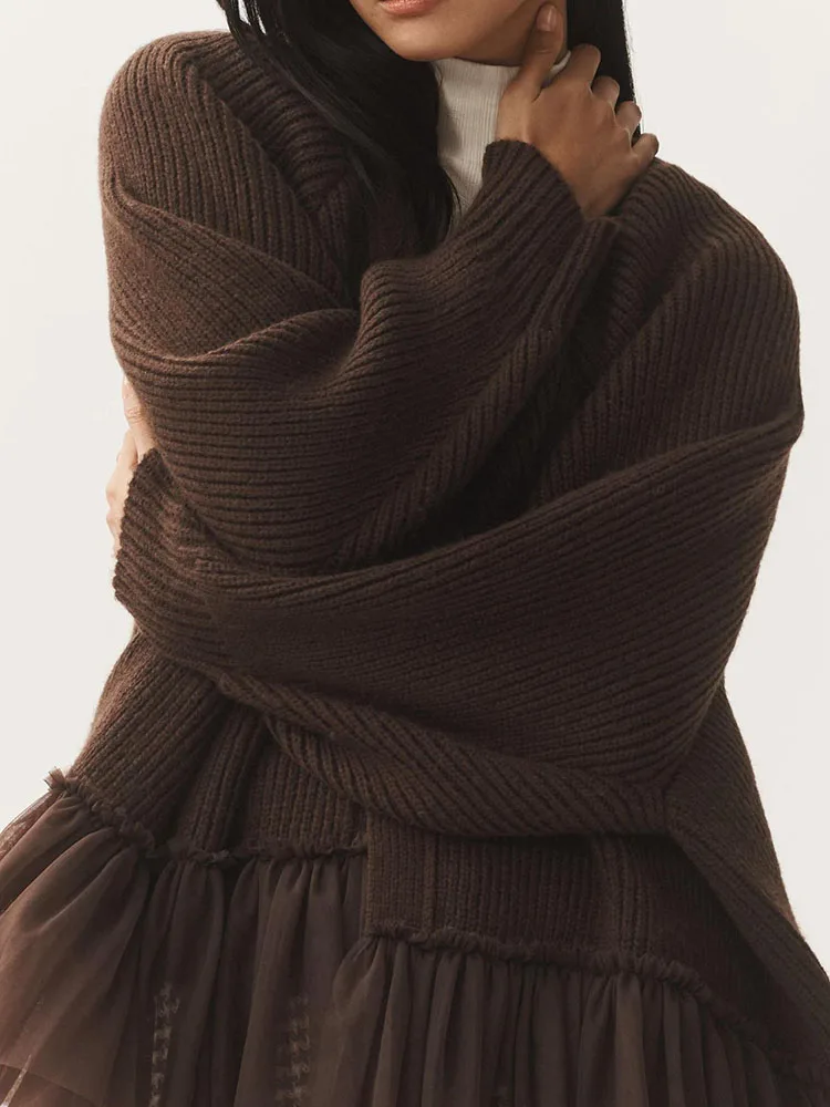 

Элегантное повседневное пальто для поездок на работу, осень-зима 202, новые вязаные кардиганы с кружевным подолом, женские однотонные свободные теплые свитера, пальто