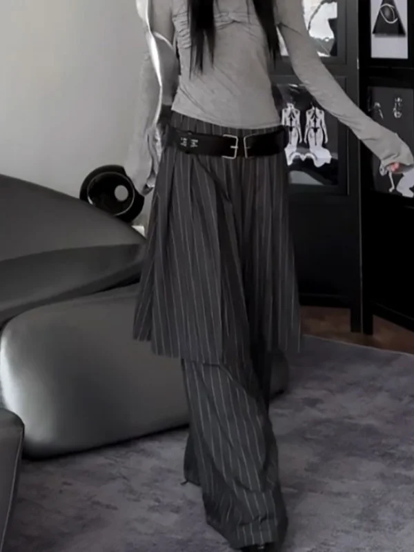 حجم كبير عادية فضفاض خطوط عمودية تنوعا بنطال ذو قصة أرجل واسعة المرأة الجديدة Sle Ele تصميم كاذبة قطعتين تنورة السراويل