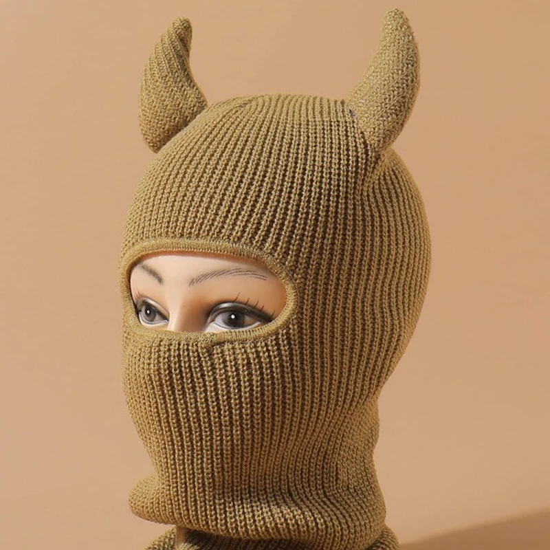 Y2K Horn Decor Balaclava Cap Monster Ears Ski Mask Balaclava Solid Color Beanie