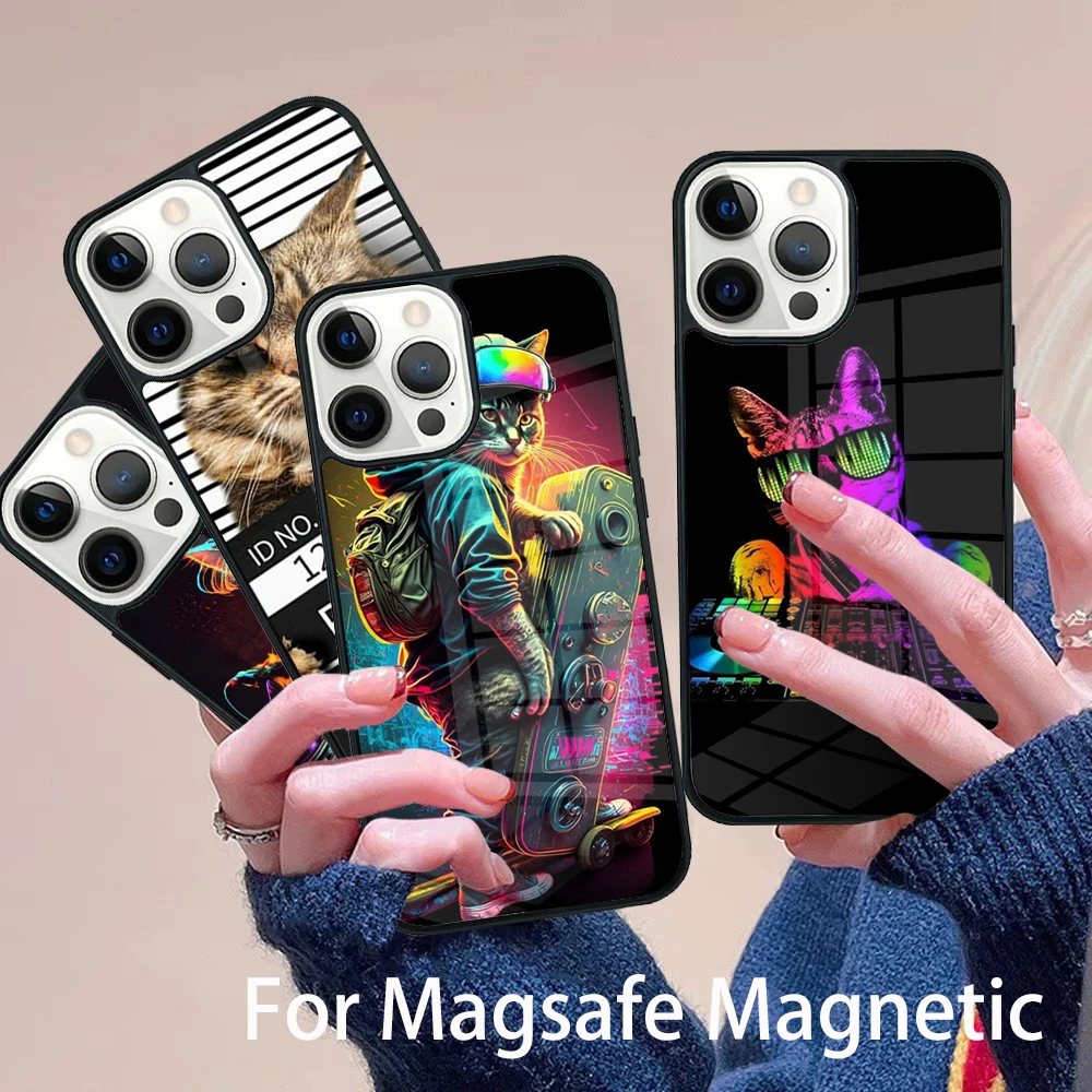 

Funny Cute Cat Animal Phone Case Magesafe Magnetic Wireless Charge Cover For IPhone 16 11 12 13 14 15 Pro Max Plus Mini