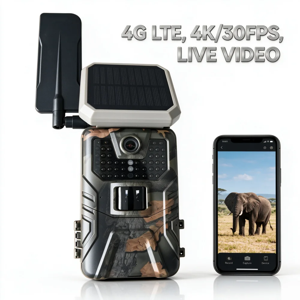 Outdoor Solar 48MP 4K 4G APP Control LTE Infrared Night Vision Cellular Trail Camera Traps No Glow 940nm LED Wildlife Monitor
