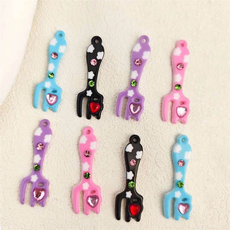 

Min order 30pcs/lot color pattern print cartoon Fork shape acrylic beads diy jewelry garment hair accessory