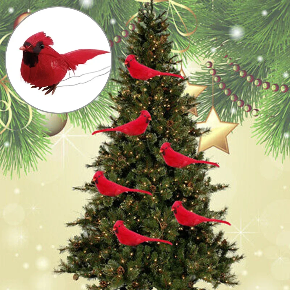 Figuras de pájaros rojos artificiales, Cardinales con Clip, pájaros emplumados, adornos navideños, decoraciones para árboles, suministros de Navidad, 10 Uds.