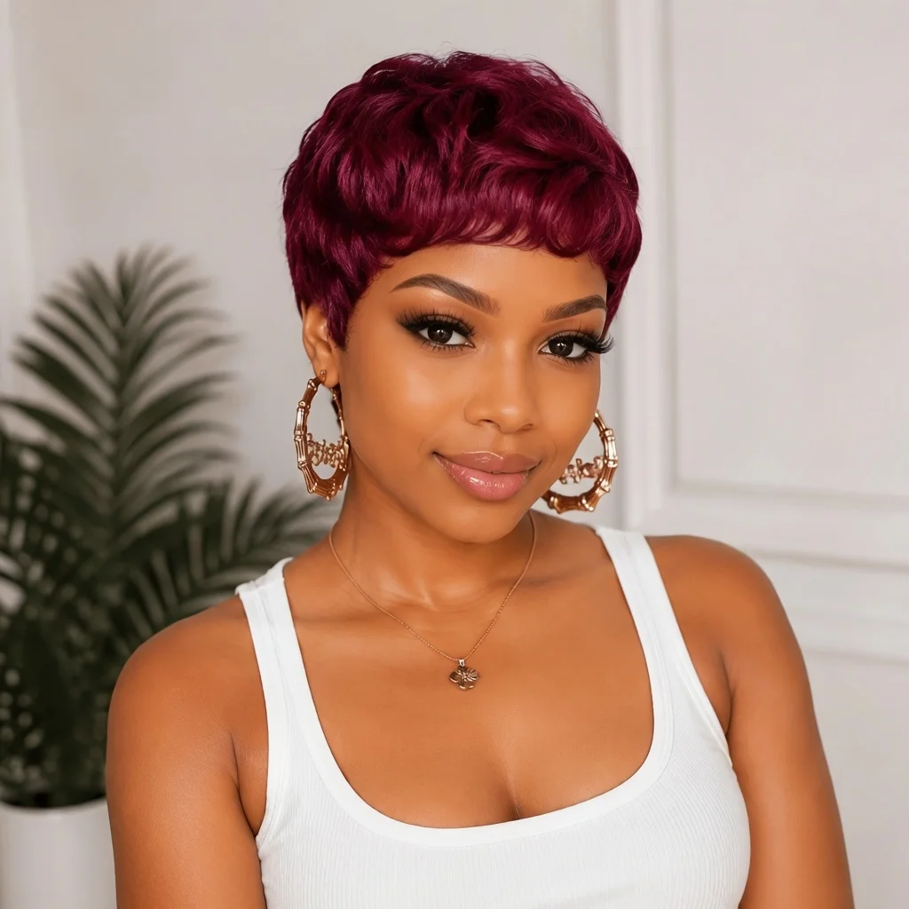 Burgundy Short Curly Pixie Human Hair Wig Layered Wavy Style for Women Daily Wear Full Machine Made Wig