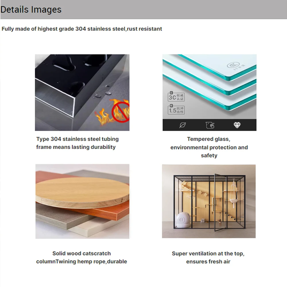 Modern Cat Villa Enclosure for Indoor Use Featuring Wood and Glass Design with Breathable Metal Sections