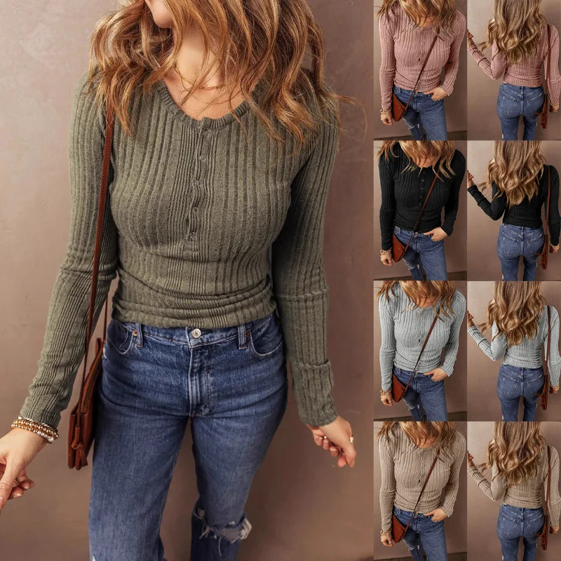 

2025 New Autumn and Winter Women's Button-down Solid Color Long-sleeved T-shirt Tops