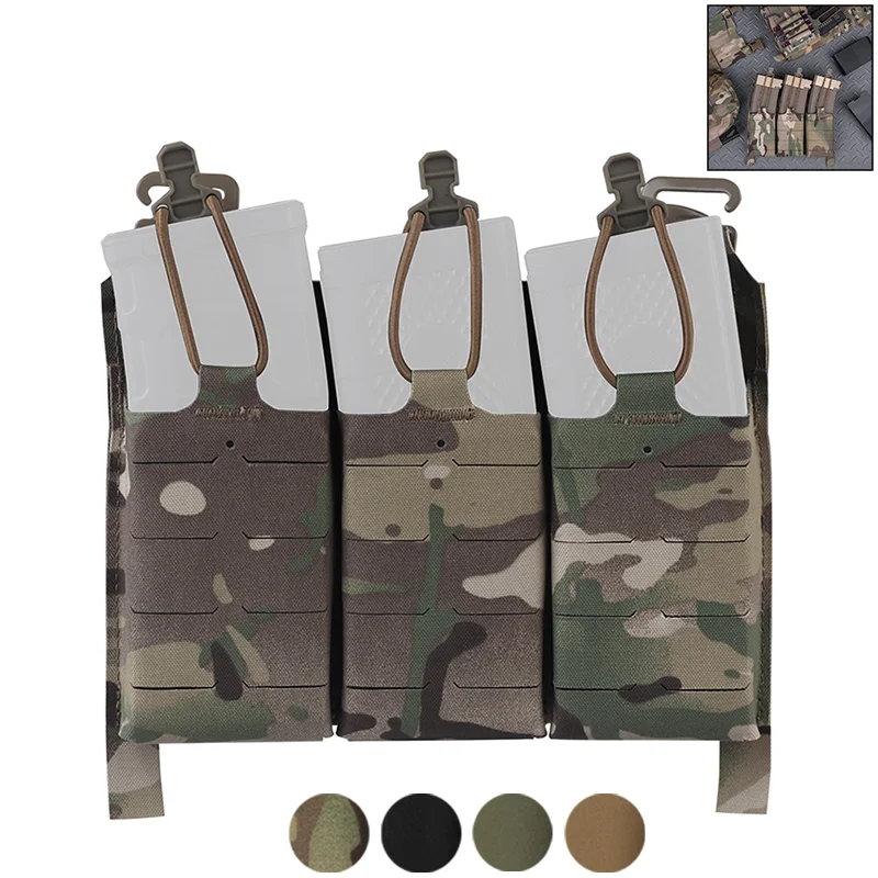 Triple 5.56 Magazine Pouch MOLLE Front Panel with Camouflage Design Secure Buckle and Bungee Cord Pull for Outdoor Airsoft Vests