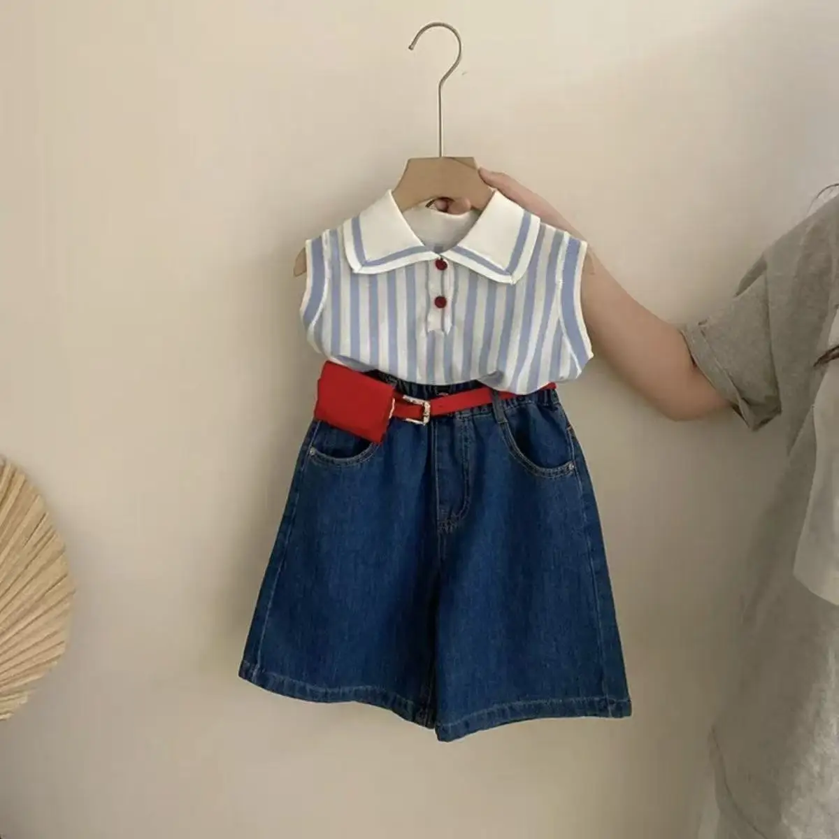 Girls' Set 2026 Summer New Style Children's Stylish Striped Polo Shirt+Cowboy Shorts Two Piece Set