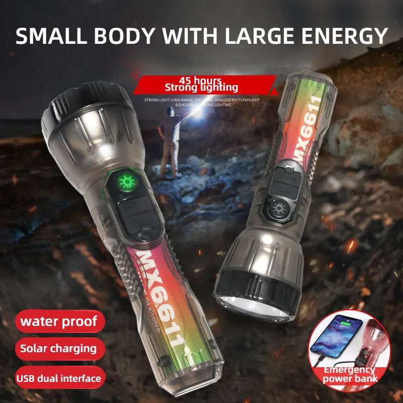 Portable Transparent Flashlight Solar + USB Rechargeable Torch 3 Lighting Modes Outdoor Waterproof Adventure Fishing Flashlight