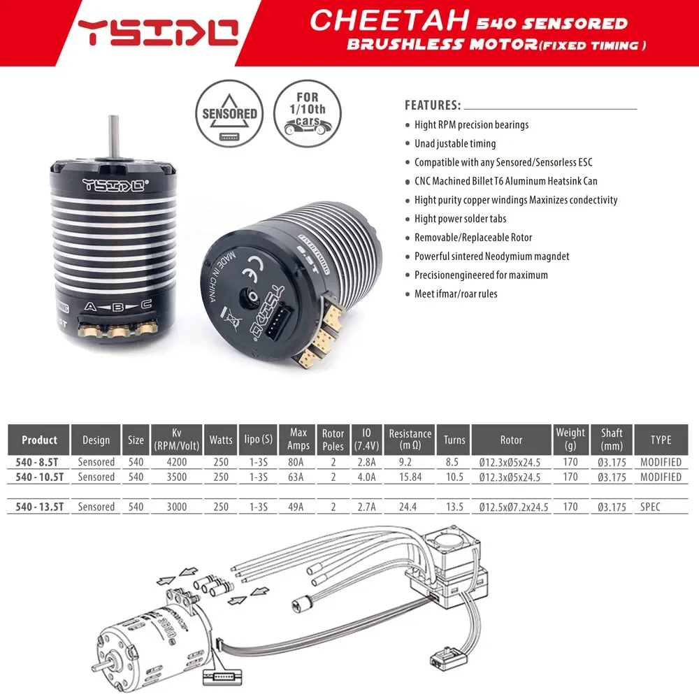 SkyDElYSIDO Sensored CHEETAH 540 8.5T 10.5T 13.5T Brushless Motor For Modified Spec Stock 1/10 1/12 RC Drift Car