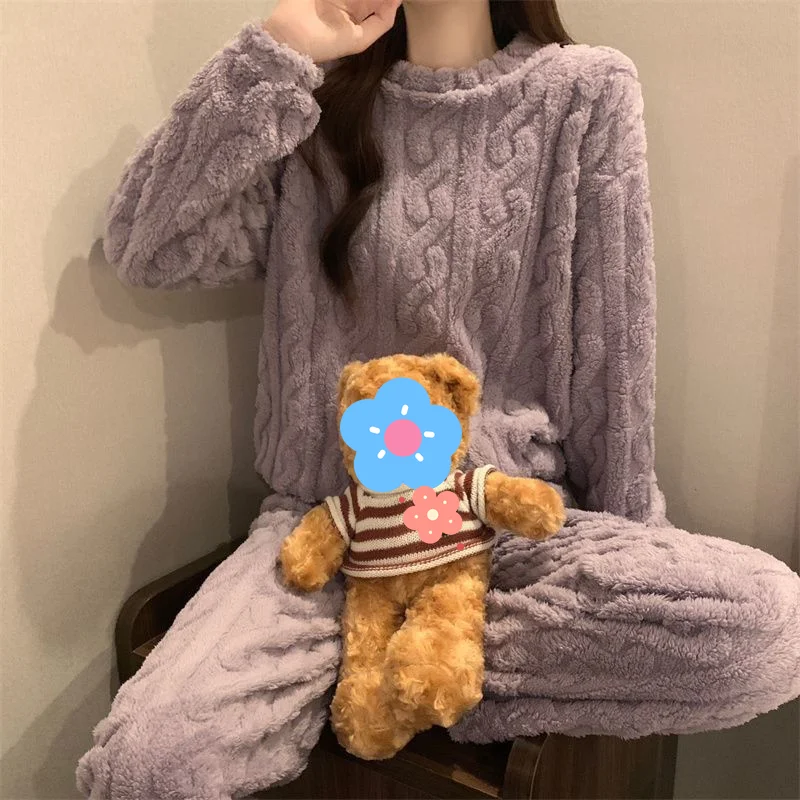 Pijamas gruesos para mujer, ropa de dormir dulce de lana coral para mantener el calor, pijama bonito de manga larga con cuello redondo, conjunto de dos piezas para otoño e invierno