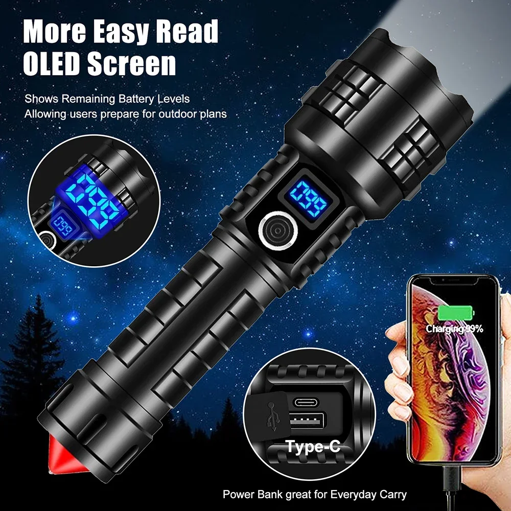 5000LM Tactical P70 LED Flashlight Long-Range USB Charging Torch Power Display Hand Lamp 5 Modes Lantern Emergency Broken Window