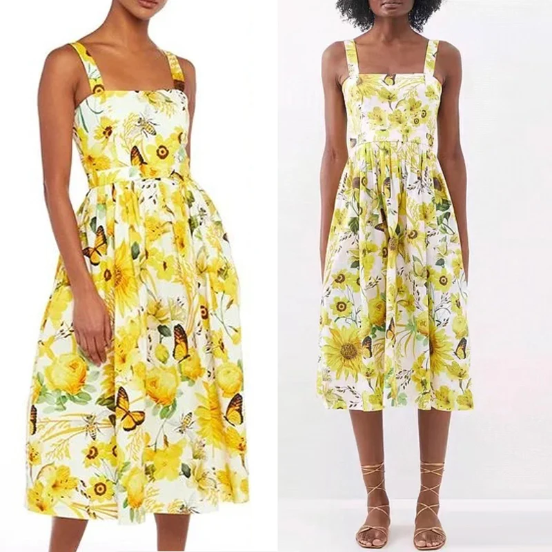 Vestido midi de verano de diseñador, sin mangas, con estampado floral, línea A, para vacaciones, con tirantes, para ir al tra...