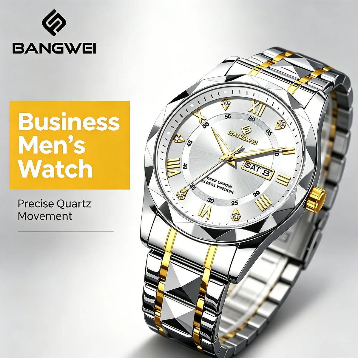 BANGWEI Fashion Watch Men's Calendar Diamond Luminous Waterproof Simple Quartz Watch Solid Strap Suitable for Men Reloj Hombre