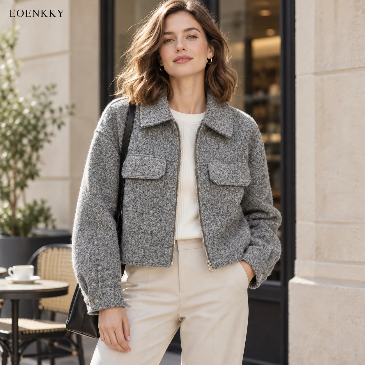 EOENKKY Women Textured Jacket Casual Zip Up Short Coat Turn Down Collar Long Sleeve Fleece Outerwear Autumn Winter Fashion