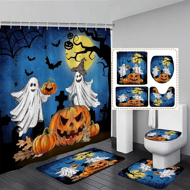 Halloween Shower Curtain Rug Set Ghost Pumpkin Skeleton Halloween Theme Cartoon Shower Curtains Holiday Home Bathroom Decoration