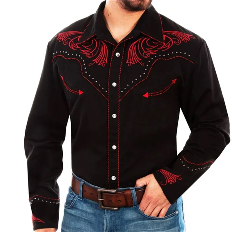 Western denim long sleeve shirt ethnic tribal style party outdoor casual luxury men\'s shirt design soft and comfortable 2024