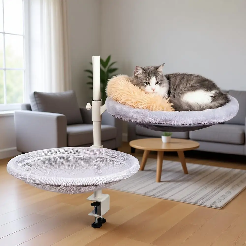 

Cat Perch with Catnip Pillow, Desk Bed, 360° Rotation & Height Adjustment, Washable Nests, 40LBS Capacity