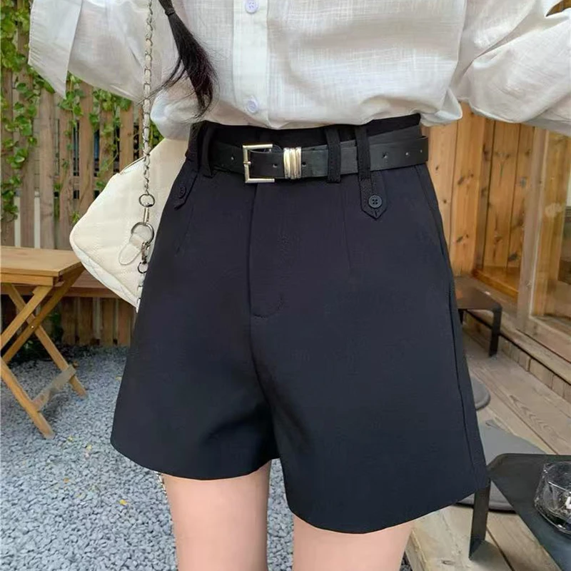 Korean Casual with Belt Suit Shorts for Women High Waist Solid Simple Wide Leg Shorts Summer Office Lady All Match A Line Short