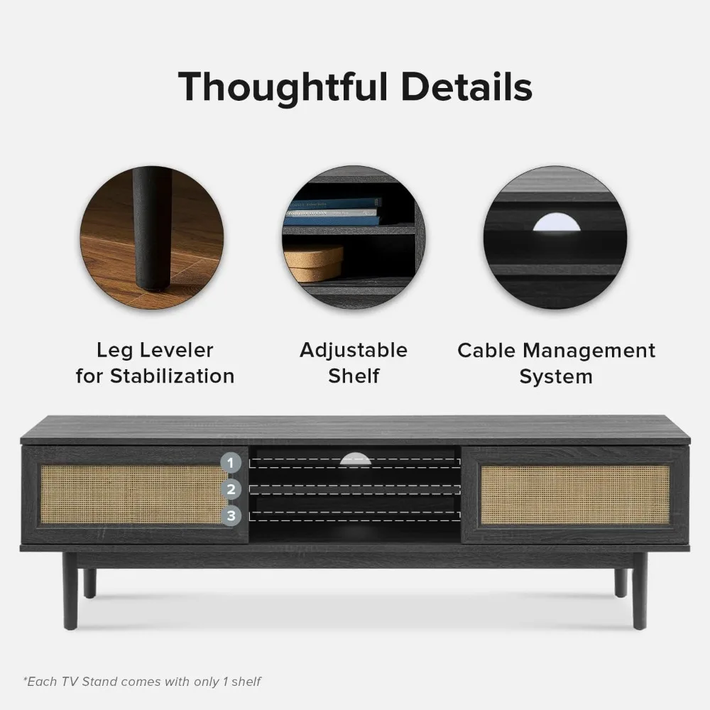 Haylee-Natural Rattan TV Console Stand, Boho Farmhouse Centro de Entretenimento, TV Stand com Armazenamento, 59 polegadas, moderno