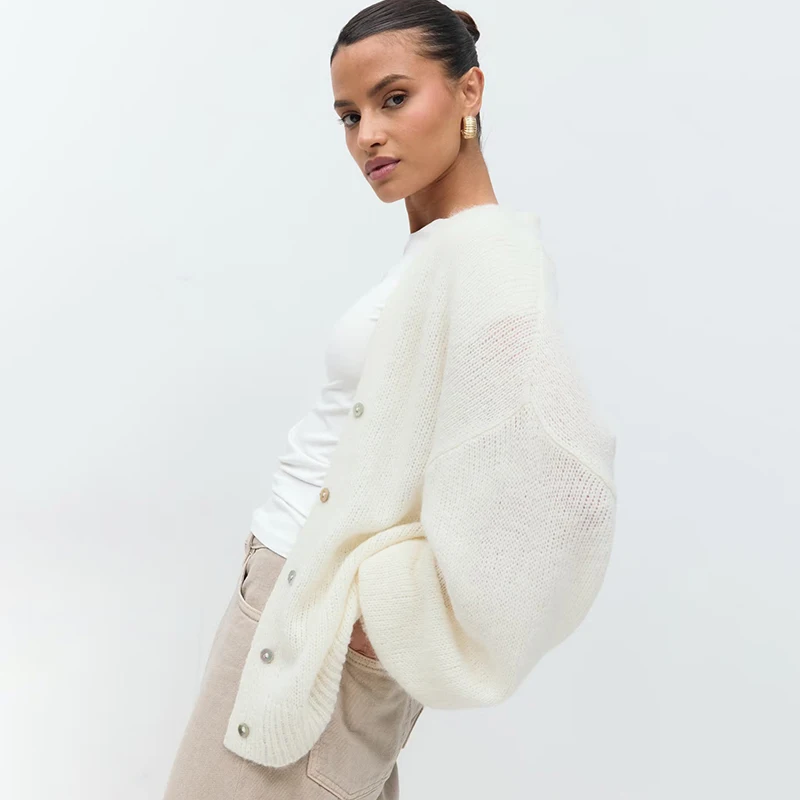 Ticketsx Sexy col en V pull femmes évider lanterne à manches longues simple boutonnage Cardigan dame décontracté doux solide pull manteau