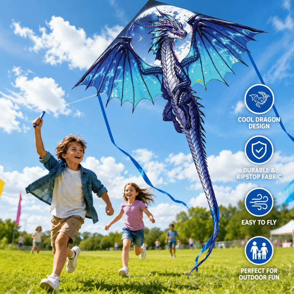 Air Snake Blue Dragon Kite with 100 Meter Kite Line Easy to Fly Flying Dinosaur Kite Good Flying Outdoor Flying Toy Kid & Adult