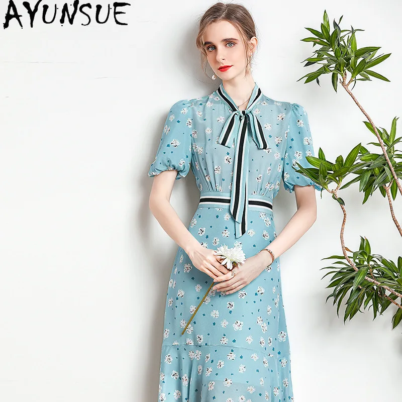 AYUNSUE 100% Mulberry Silk Dress for Women Clothing Elegant Women's Dresses Fashion Summer Dress 2024 Waist Vestidos De Mujer