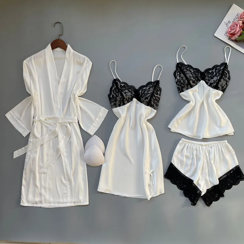 Women Sexy Lace Rayon Pyjama 4PCS Lingerie Pajamas Set Kimono White Satin Nightgown Home Clothing