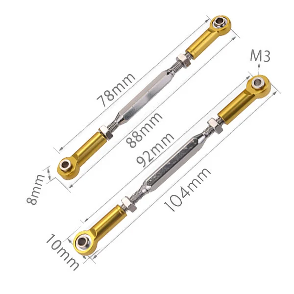 6Pcs 88mm Aluminium Steering Linkage Rod Turnbuckle for RC 1/10 1/8 Redcat HSP ZD Racing HPI HOBAO Monster Truck-Gold