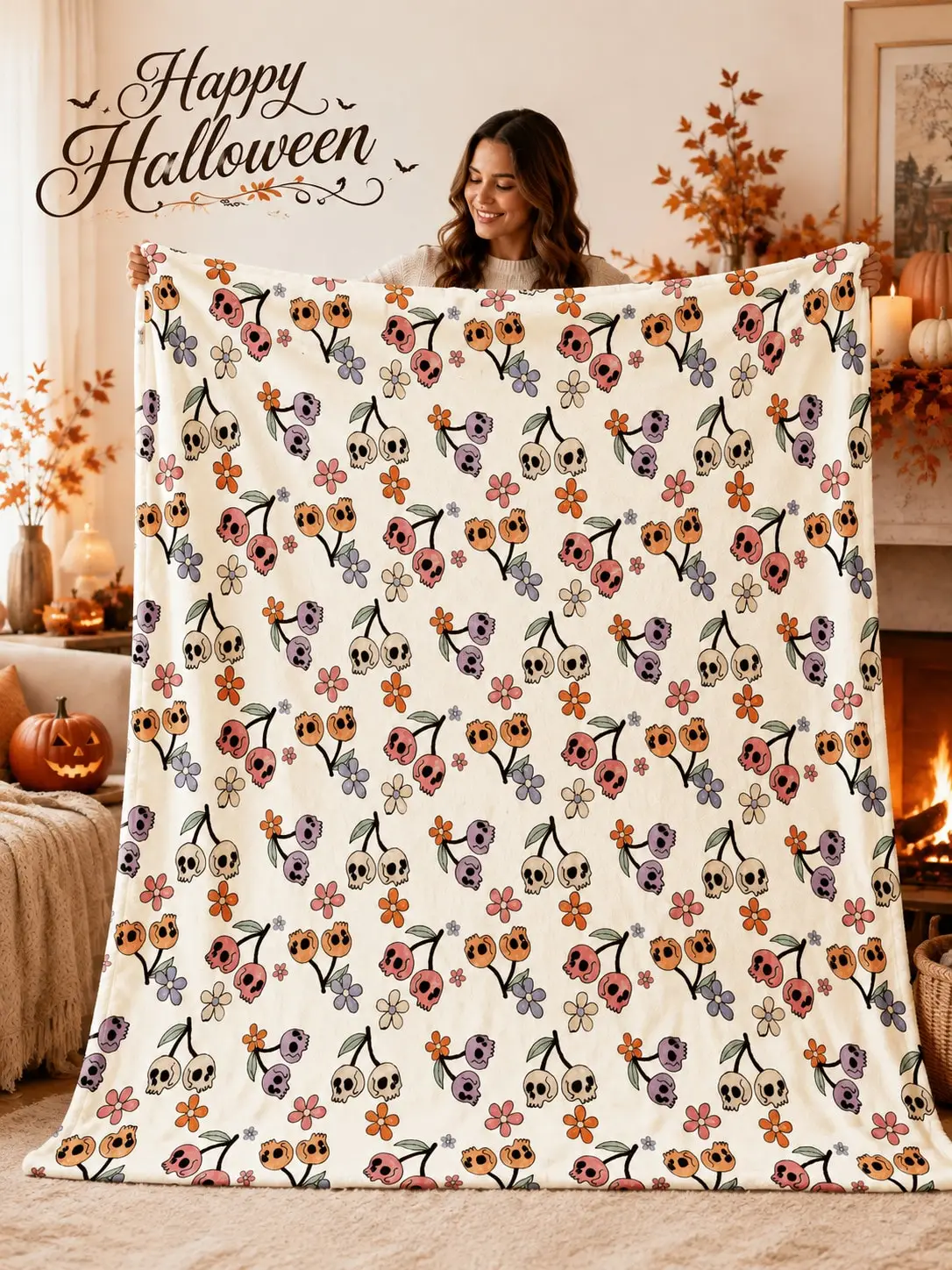 Halloween Flannel Blankets & Throws Skull Cherry Flower Leaf Sofa Couch Bed Nap Bedroom Living Room Office Travel Camping Home Decor Gift for Mom Dad Wife Husband Sister Brother Grandma Grandpa Family Friends Christmas Anniversary Reading Dorm