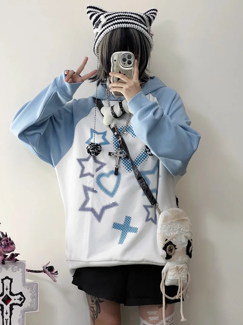 Fashion Mid-length Loose Sweatshirts Mujer Y2k E-Girl Heart Star Print Hoodie Tops Women 2024 New Long Sleeve  Pullover