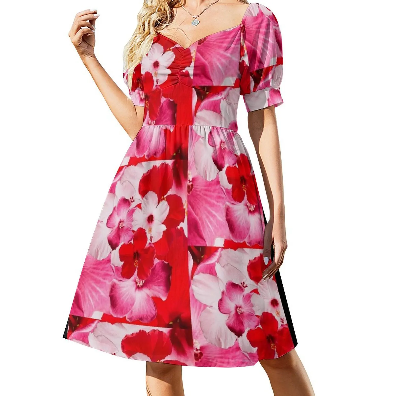 

Pink and Red Hibiscus Photograph Die Cut Hawaiian Flower Kaleidoscope Collage Short Sleeved Dress dress Dress