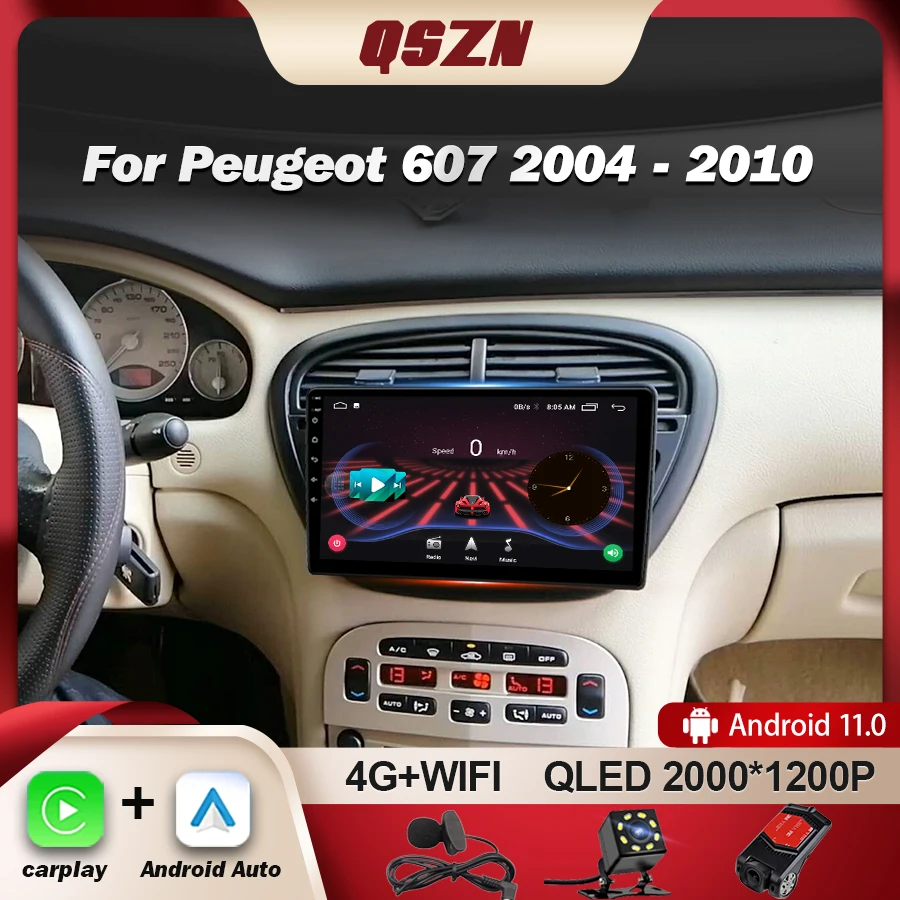 QSZN 9'' Android 13 For Peugeot 607 2004 - 2010 Car Radio Multimedia Player Stereo Bluetooth DSP GPS Navigation No 2Din DVD