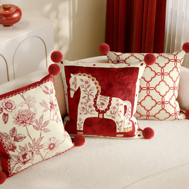 Chinese Red Velvet Pillows Horse Print Cushion Case Joyful Red Square Decorative Pillow Cover For Sofa Chair Home Decorations