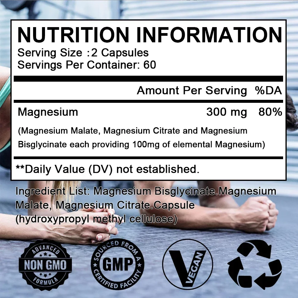 Triple Magnesium Supplement - Magnesium Glycinate, Citrate & Malate - Chelated & Purified, Nervous System, Bone, Heart & Muscle