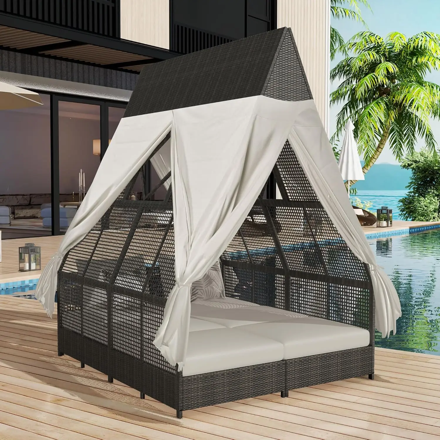 Outdoor Double Chaise Lounge with Canopy, Rattan Sun Bed Sofa with Adjustable Backrest, Curtains and 4 Pillows,