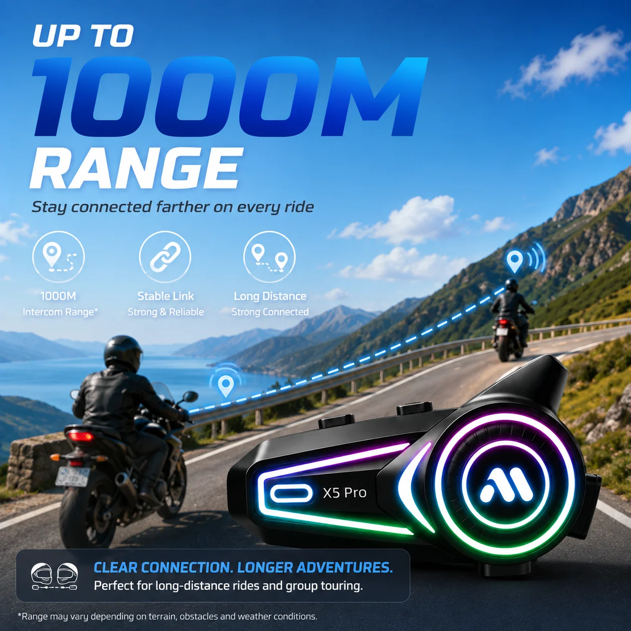 X5 Pro - Long-Haul Bluetooth 6.0 Intercom with 1150mAh Battery, IPX5 Protection, 500m Range, FM Radio, and 10-Color Lighting