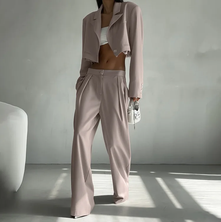 

Fashion Women Blazer Two Piece Set Spring And Autumn New Super Short Top Long Sleeve Slim Wide Leg Long Pants Female Office Set