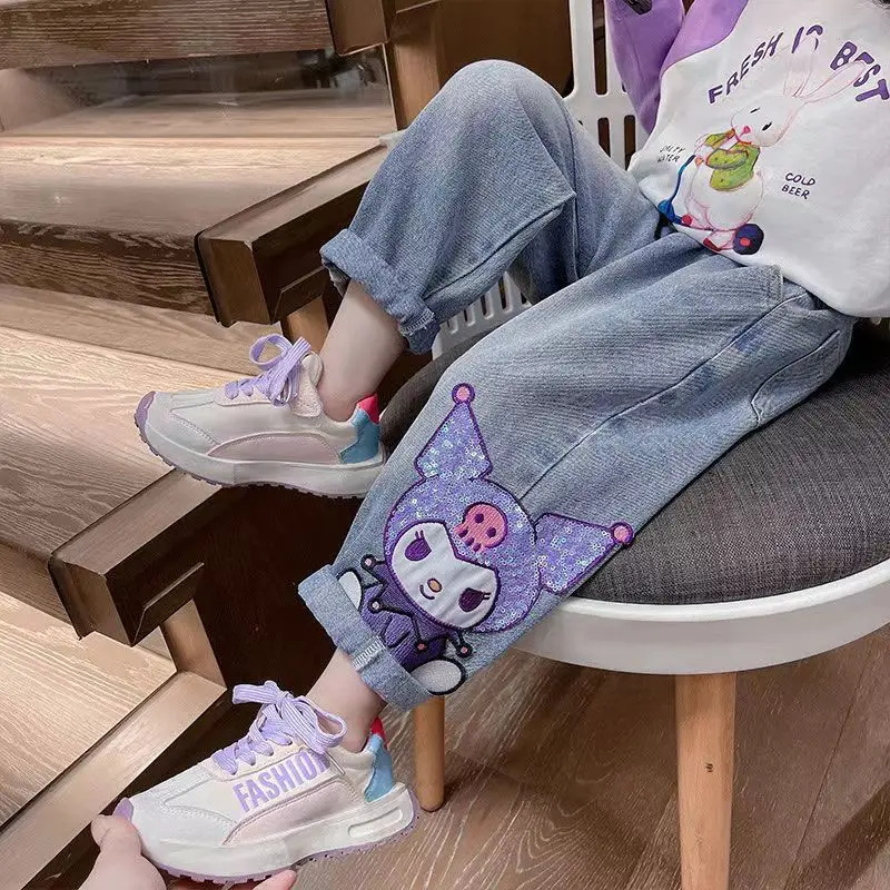 Frete grátis kawaii sanrio kuromi jeans infantis bonito dos desenhos animados retro solto moda cintura elástica multifuncional infantil