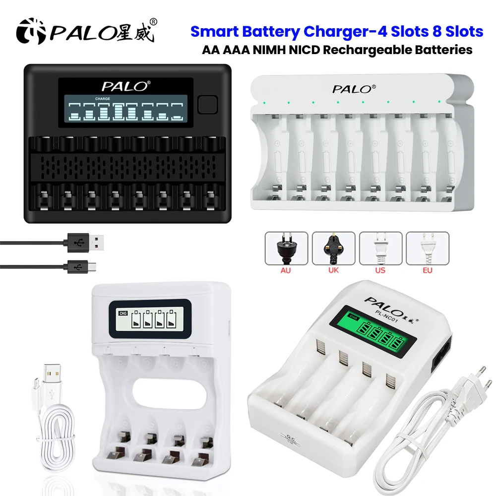 PALO 4/8 Slot 1.2V Smart Battery Charger LCD Display for AA AAA NiCd NiMh Rechargeable Battery LR03 LR06 Batteries Fast Charging