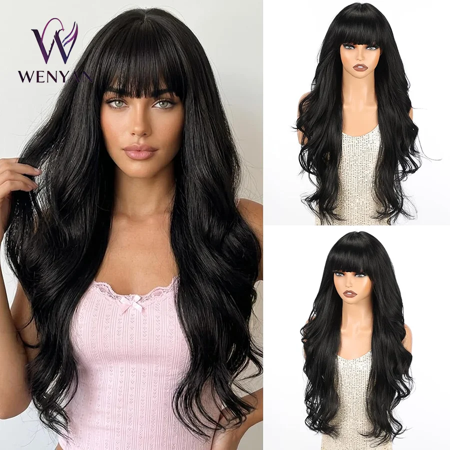 

30inch Long Wavy Black Wig with Bangs for Women Heat Resistant Synthetic Hair Wigs for Daily Use(Black)