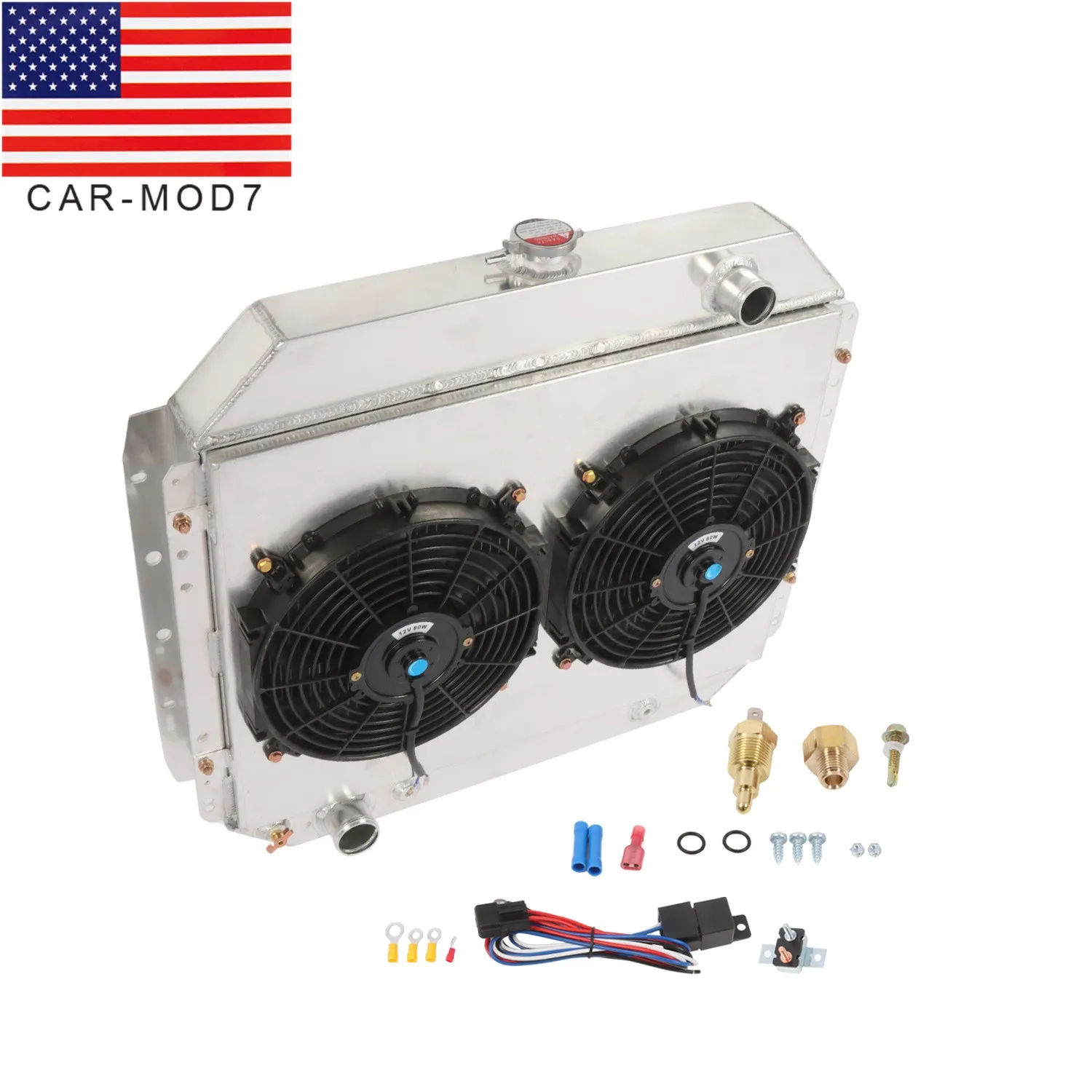 4-Line radiator + hood fan for 1966-1979 Mustang Truck F100 F150 F250 F350 V8-