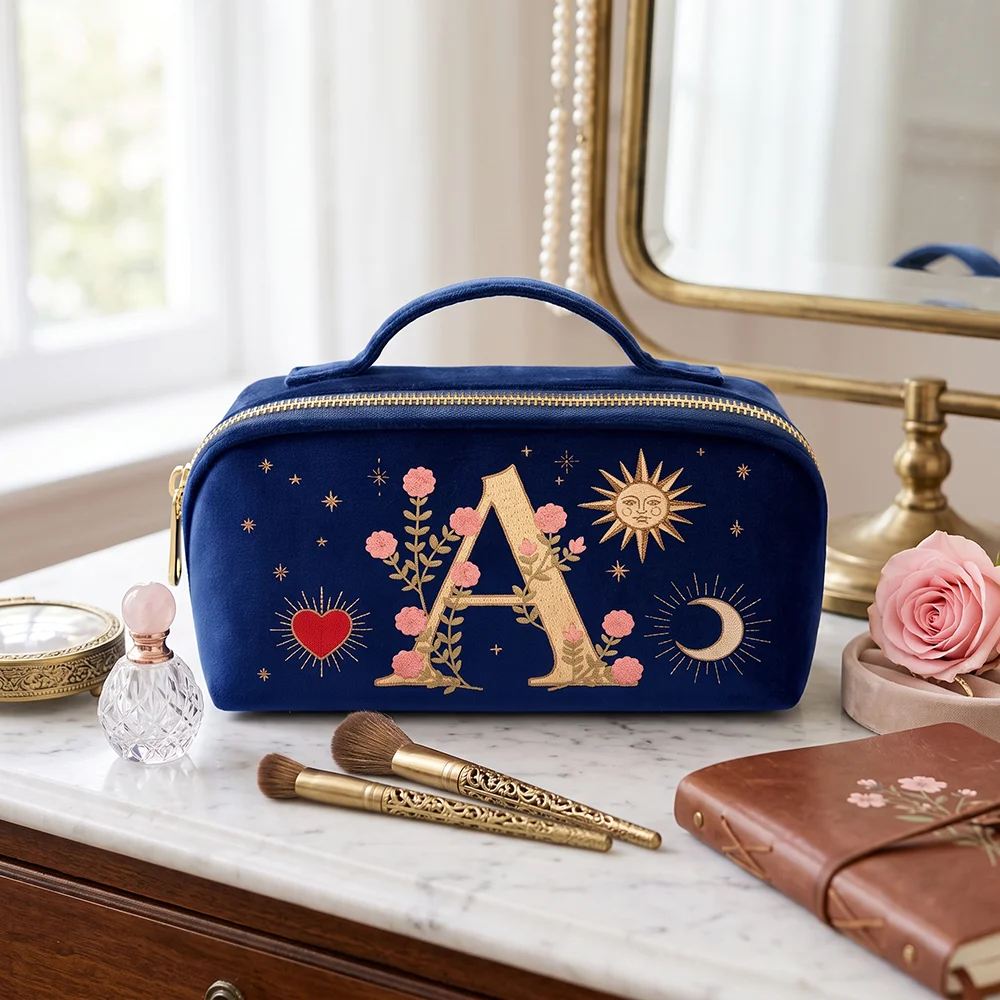 Imitation Embroidery Style Makeup Bag Navy Blue Velvet Pouch Vintage Design Pouch Velvet Makeup Bag Birthday Gift For Women