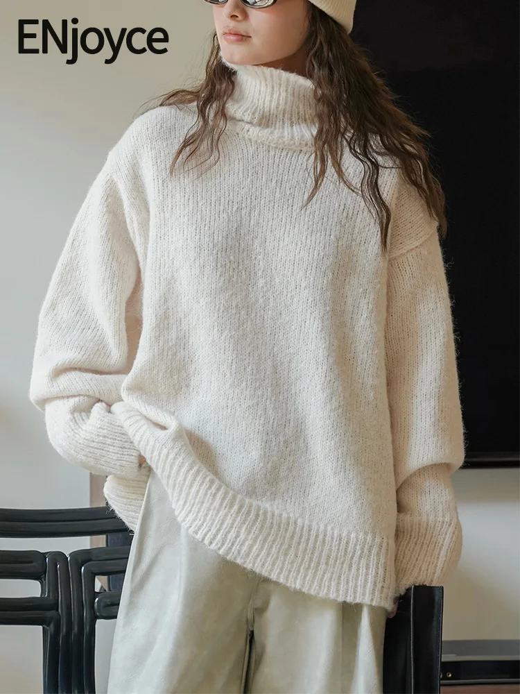 

ENjoyce 2023 Winter Women Vintage High Neck Warm Sweaters Korean Fashion Knitted Pullovers Loose Skin-friendly Soft Knitwear