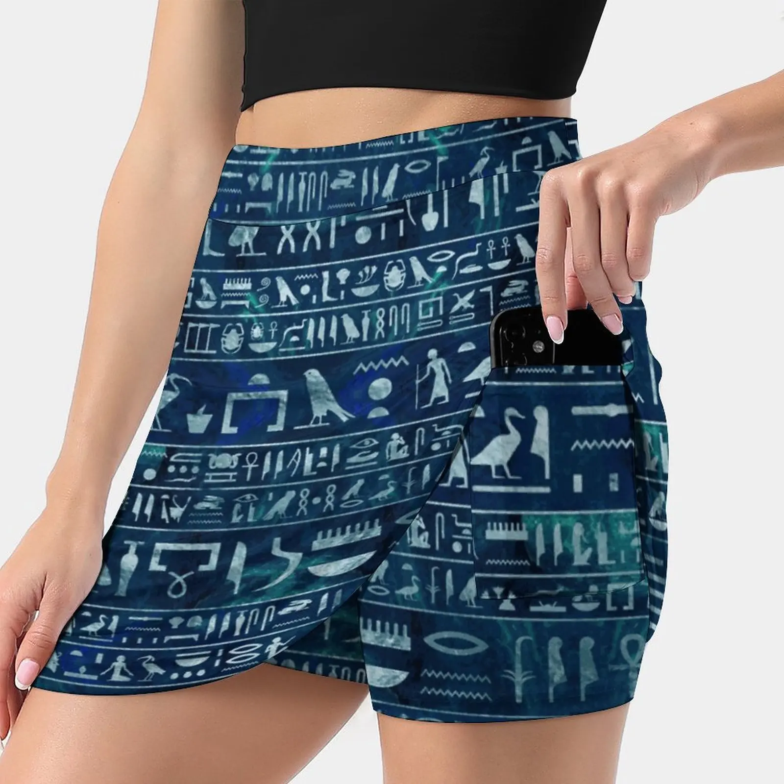 Egyptian Hieroglyphs-Silver On Blue Painted Texture Women's skirt Sport Skort Skirt With Pocket Fashion Korean Style Skirt 4Xl