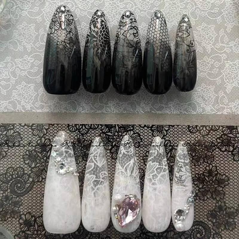 Autocollants pour ongles en dentelle Rose, noir et blanc, feuille de transfert, motif de fleurs noires, Art de manucure et de pédicure